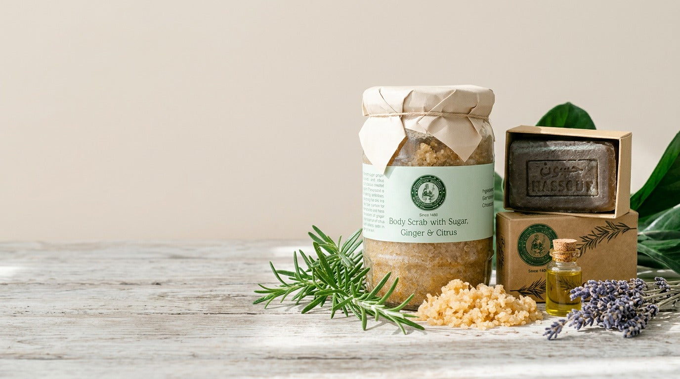 Khan Al Saboun USA Exclusive: body scrub with sugar, ginger & citrus, soaps, oils, and lavender sprigs.