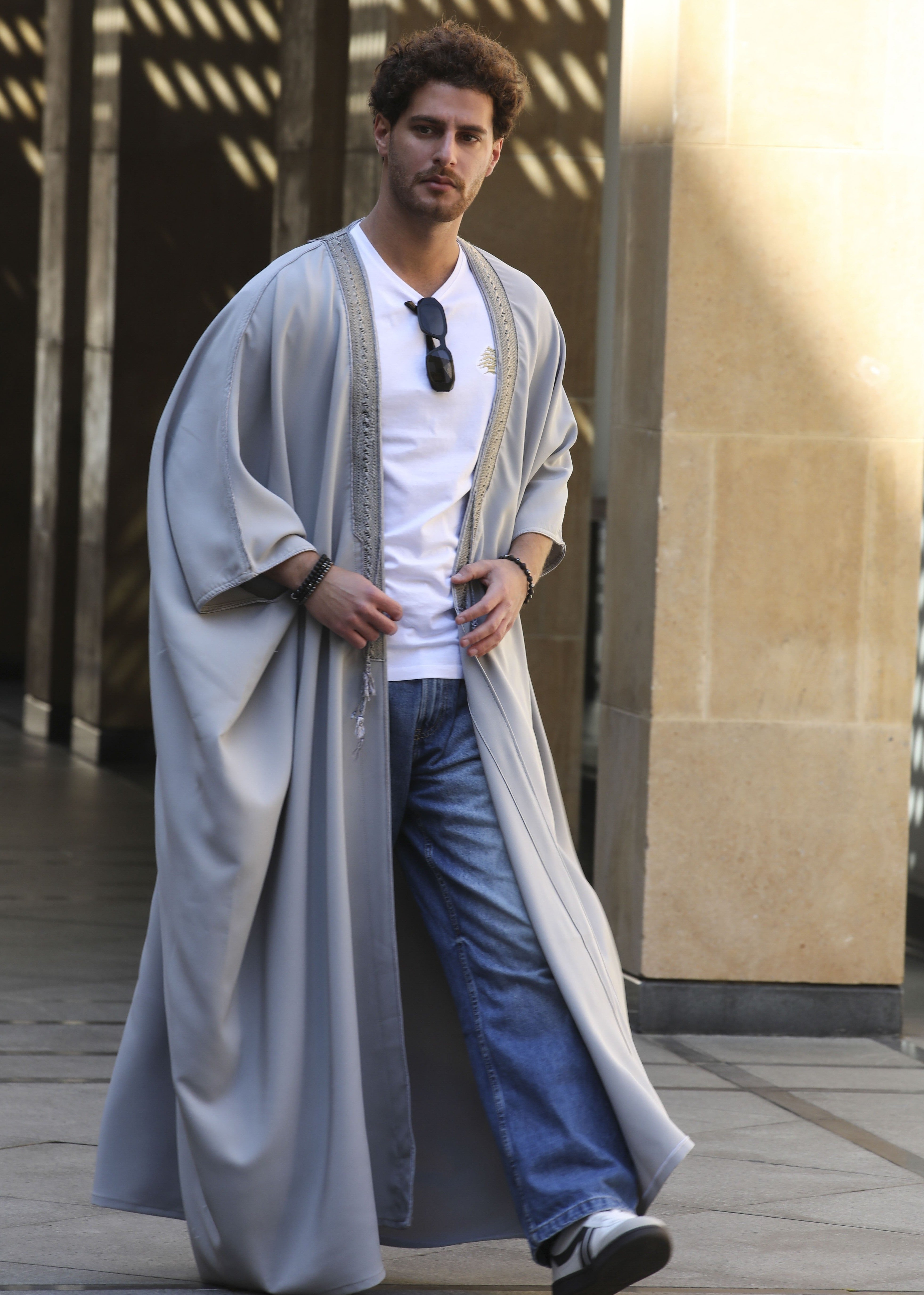 Grey satin men abaya with modern design by Mouftah El Chark, lightweight modest wear at Idole Lebanon