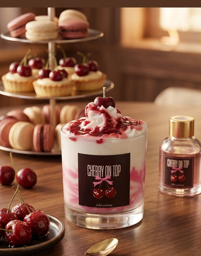 cherry on top scented soy wax candle with dessert style design by eclat nocturne in Lebanon