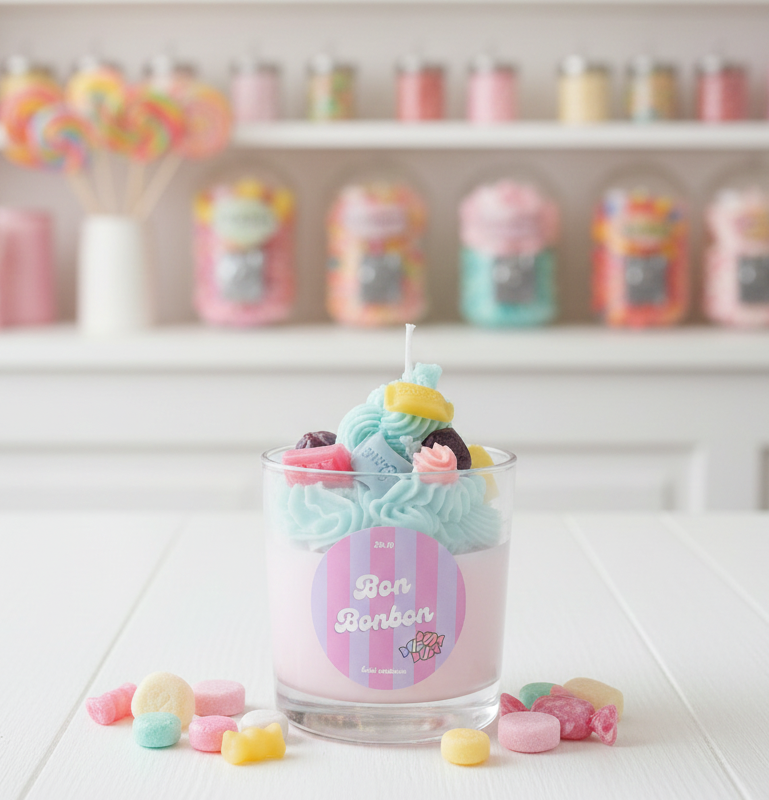 bon bon bubble gum scented soy wax candle with candy design by eclat nocturne in Lebanon