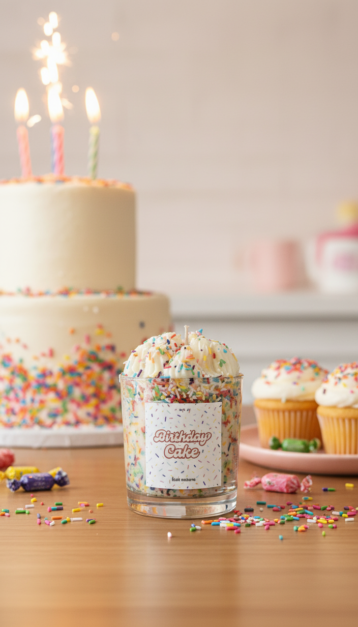birthday cake scented soy wax candle with vanilla frosting and colorful sprinkles by eclat nocturne in Lebanon
