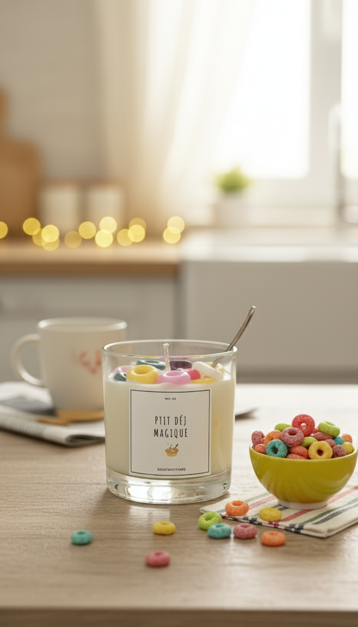 cereal milk scented soy wax candle with colorful cereal topping by eclat nocturne in Lebanon