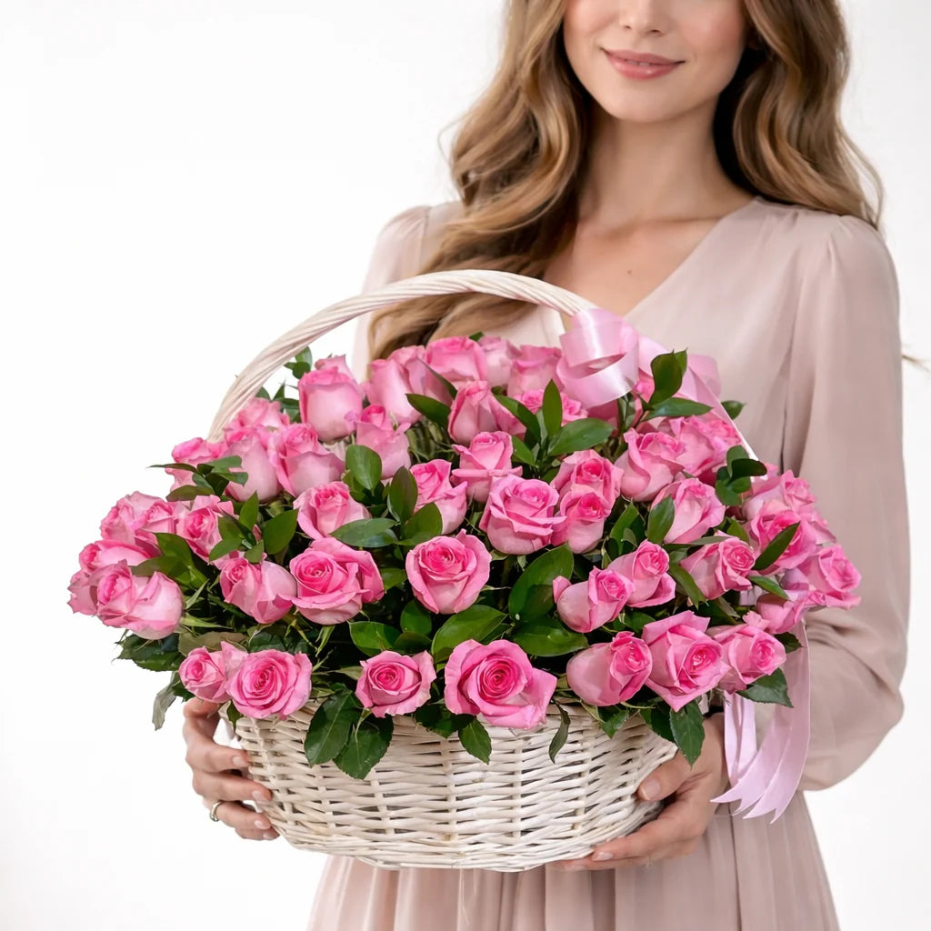 Luxury basket arrangement of 100 premium pink roses with greenery in a white woven basket by Idole Lebanon