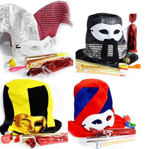 Fabric party cotillion set with hats, masks and noisemakers