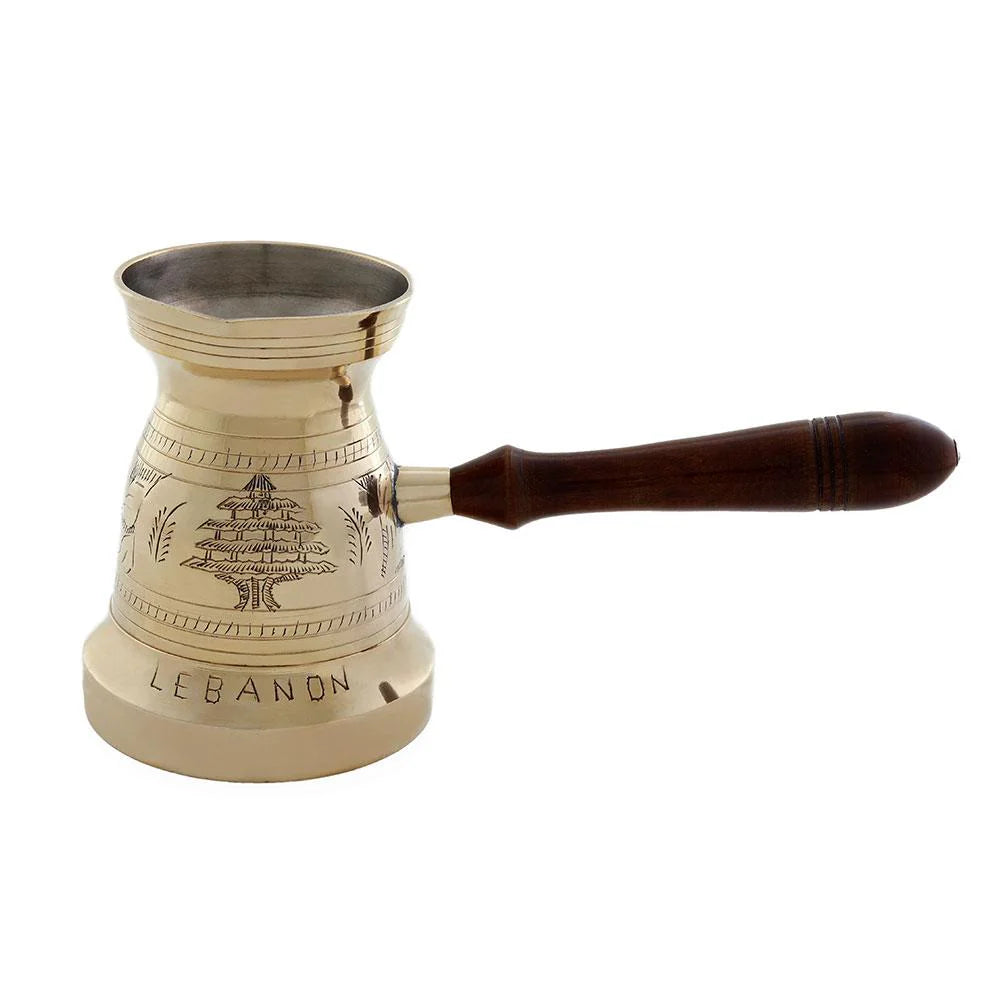 Handmade Gold Cedar traditional coffee pot with engraved Lebanese cedar motifs crafted in Lebanon