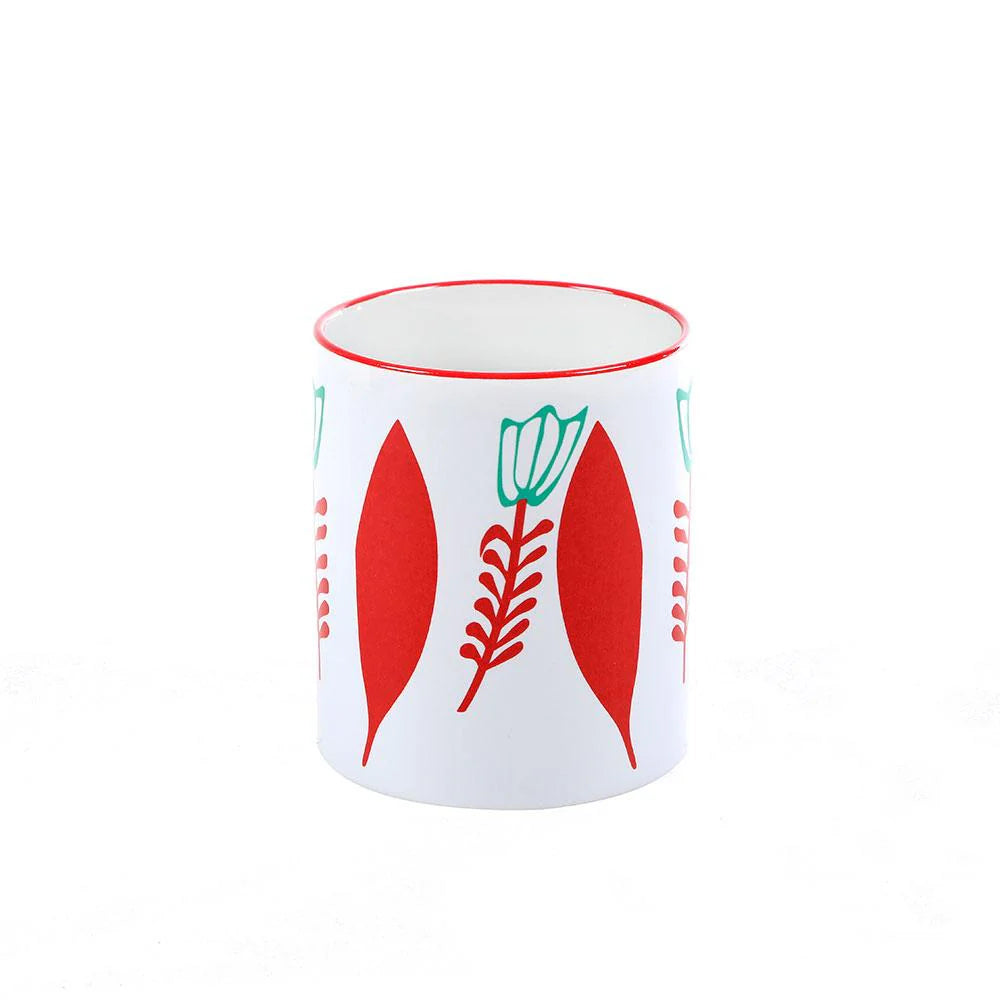 Red Lebanese Chaffe porcelain mug with Lebanese inspired floral artwork and colorful detailing