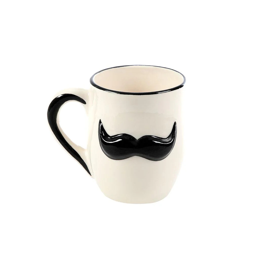Handmade ceramic mug with black mustache artwork crafted in Lebanon