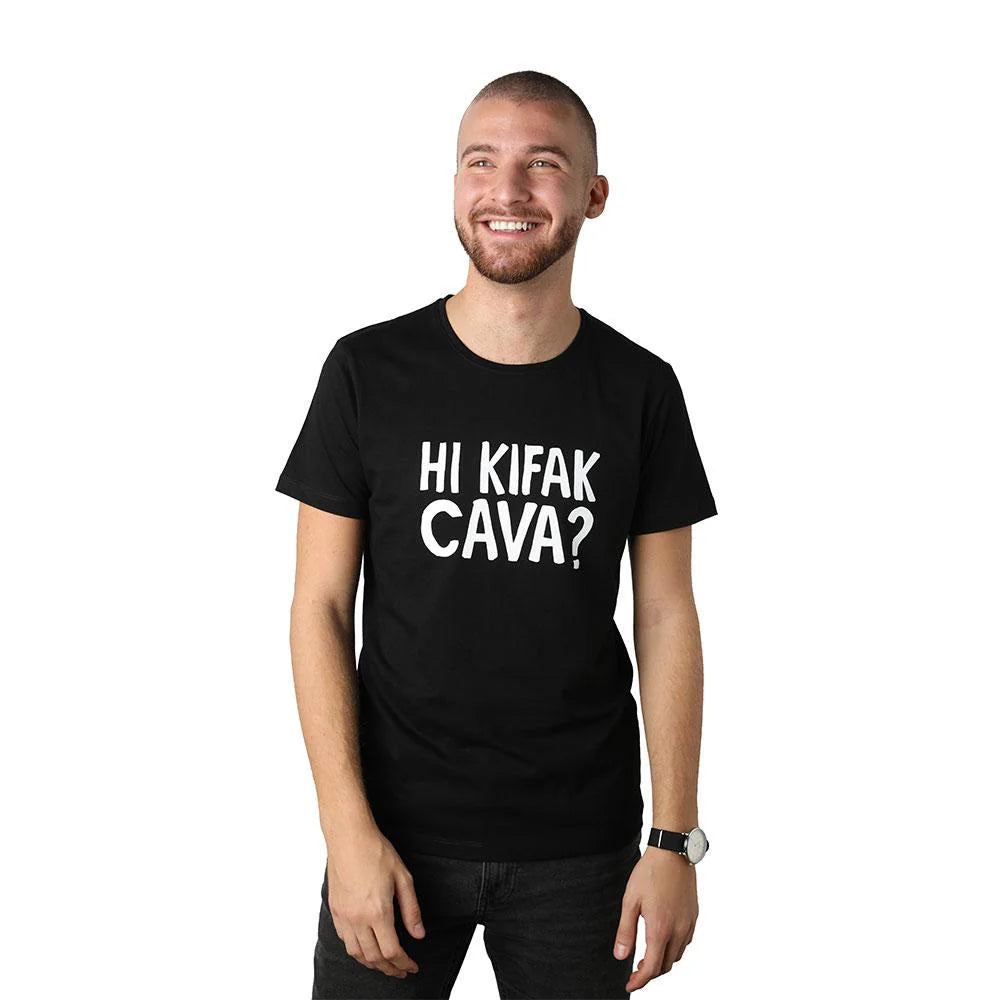 Black men’s T-shirt with Hi Kifak Cava graphic and short sleeves