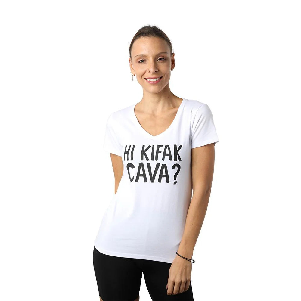 White women’s V-neck T-shirt with Hi Kifak Cava graphic and short sleeves
