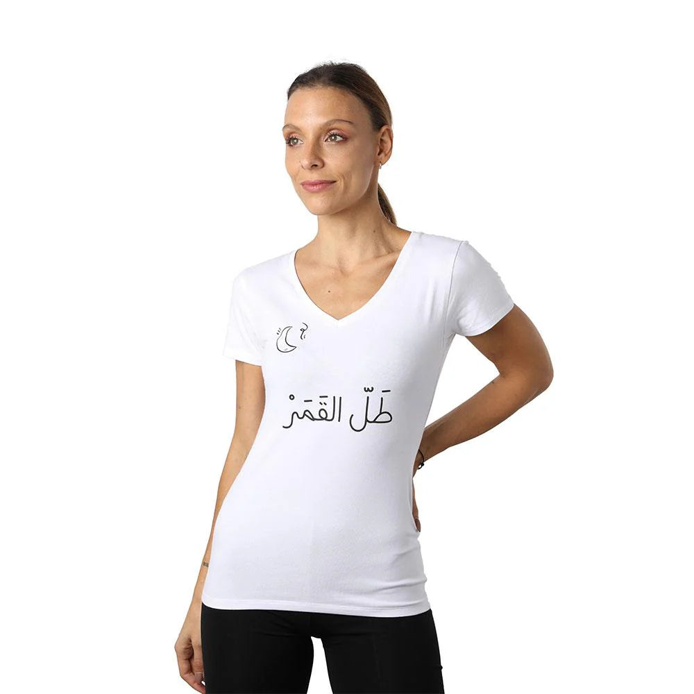 White women’s V-neck T-shirt with Tall L Qamar Lebanese-inspired graphic and short sleeves