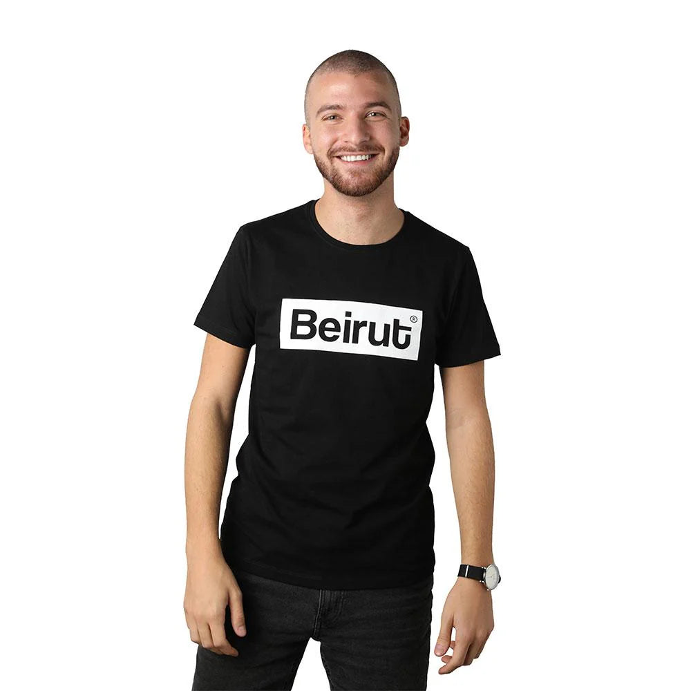 Black men’s T-shirt with white Beirut graphic and short sleeves