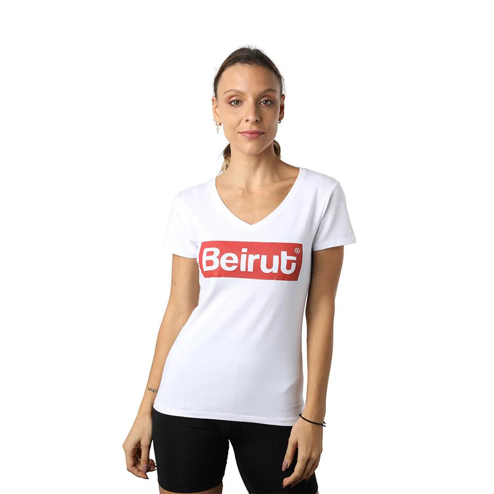 White women’s V-neck T-shirt with red Beirut graphic and short sleeves