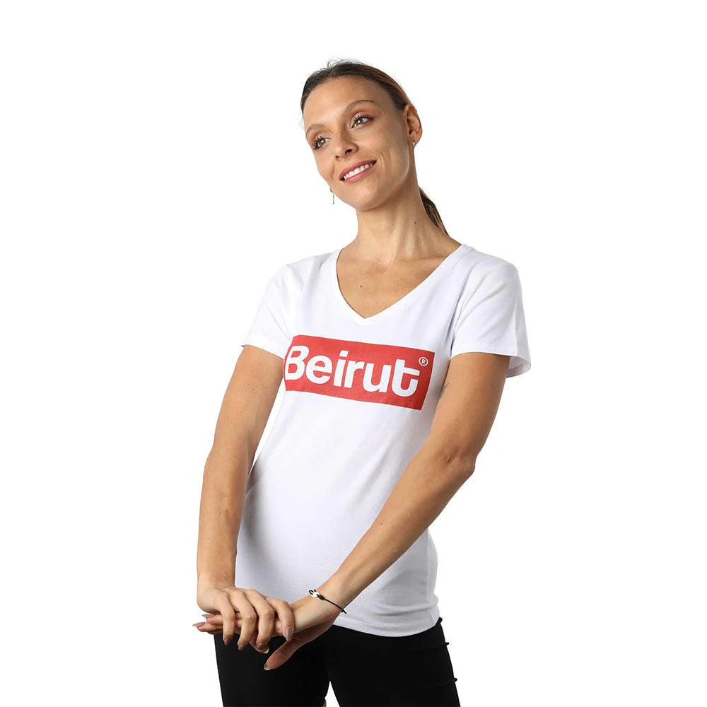 Beirut Red On White Women’s V-Neck T-Shirt