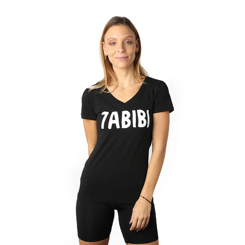 Black women’s V-neck T-shirt with Habibi graphic and short sleeves