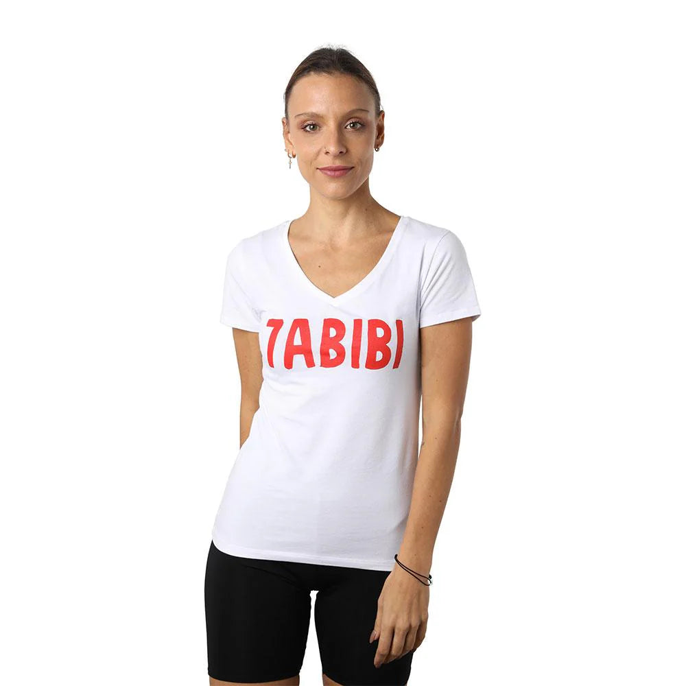 White women’s V-neck T-shirt with Habibi graphic and short sleeves