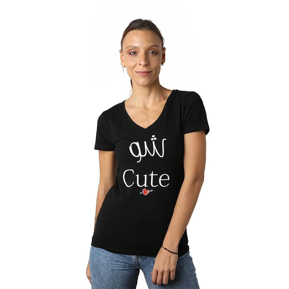 Black women’s V-neck T-shirt with Chou Cute Lebanese-inspired graphic and short sleeves