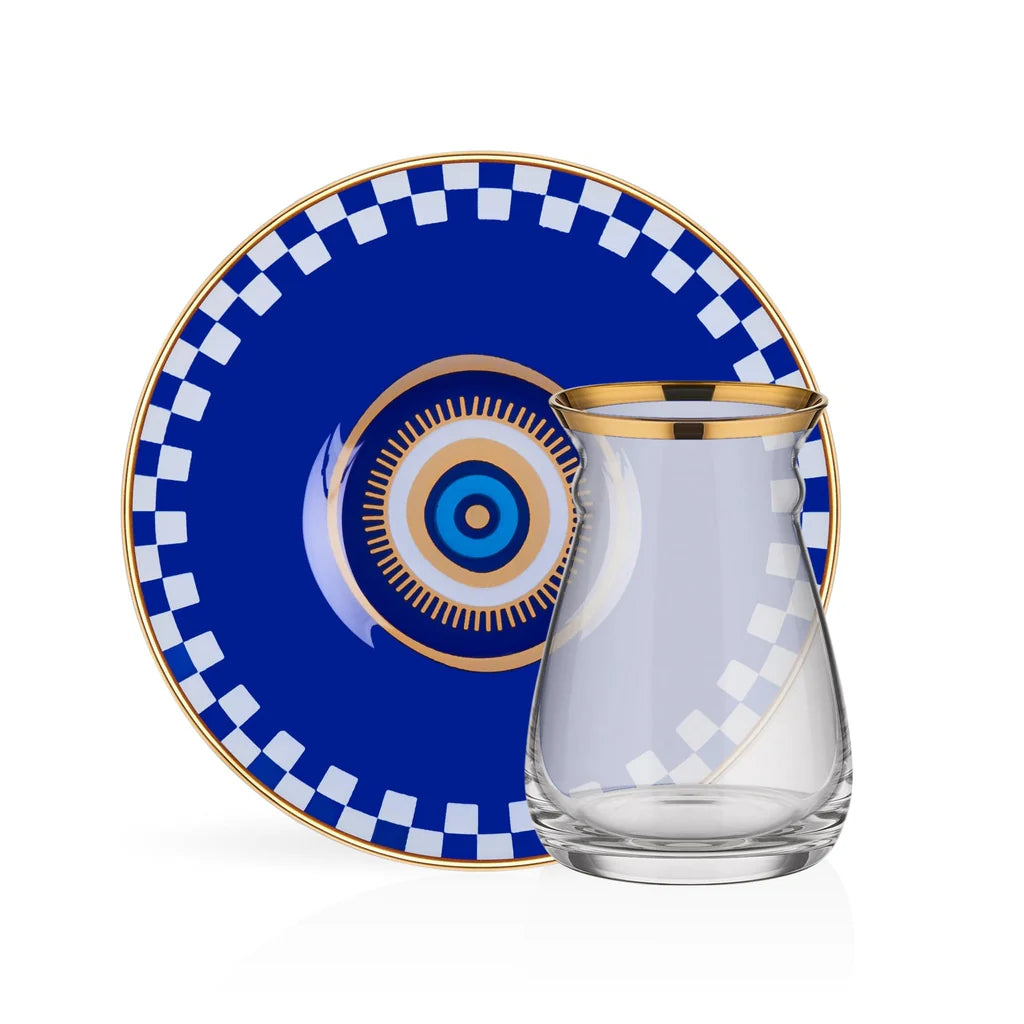 Luxury royal blue evil eye tea cups set with gold rim glass cups and ceramic saucers