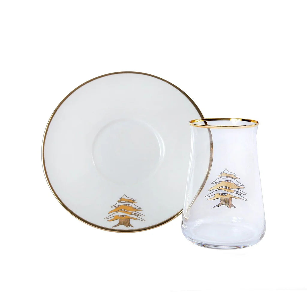 Luxury golden cedar tea cups set with gold rim glass cups and porcelain saucers