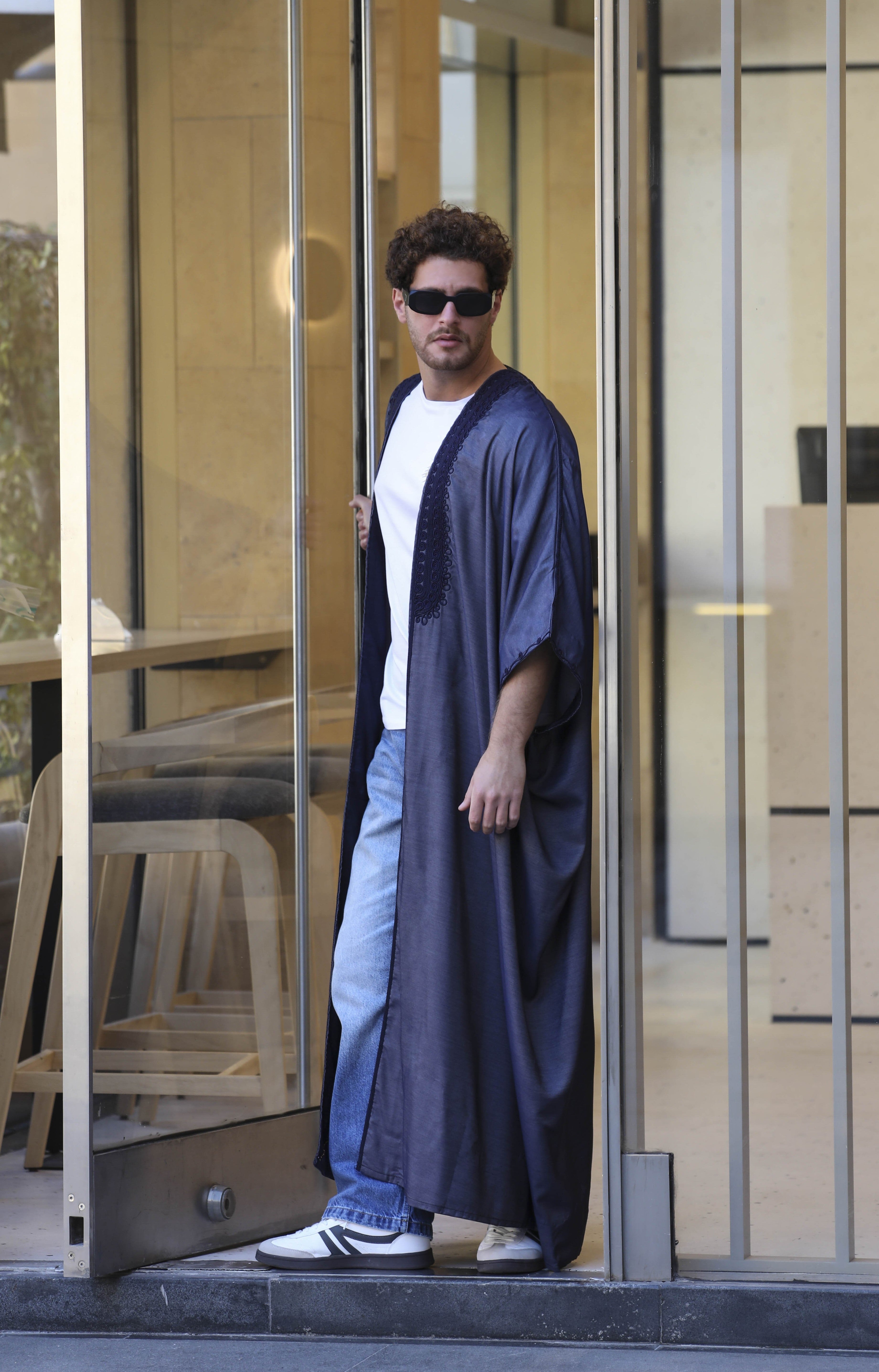 Navy blue cotton men abaya with modern casual design by Mouftah El Chark, everyday modest wear at Idole Lebanon