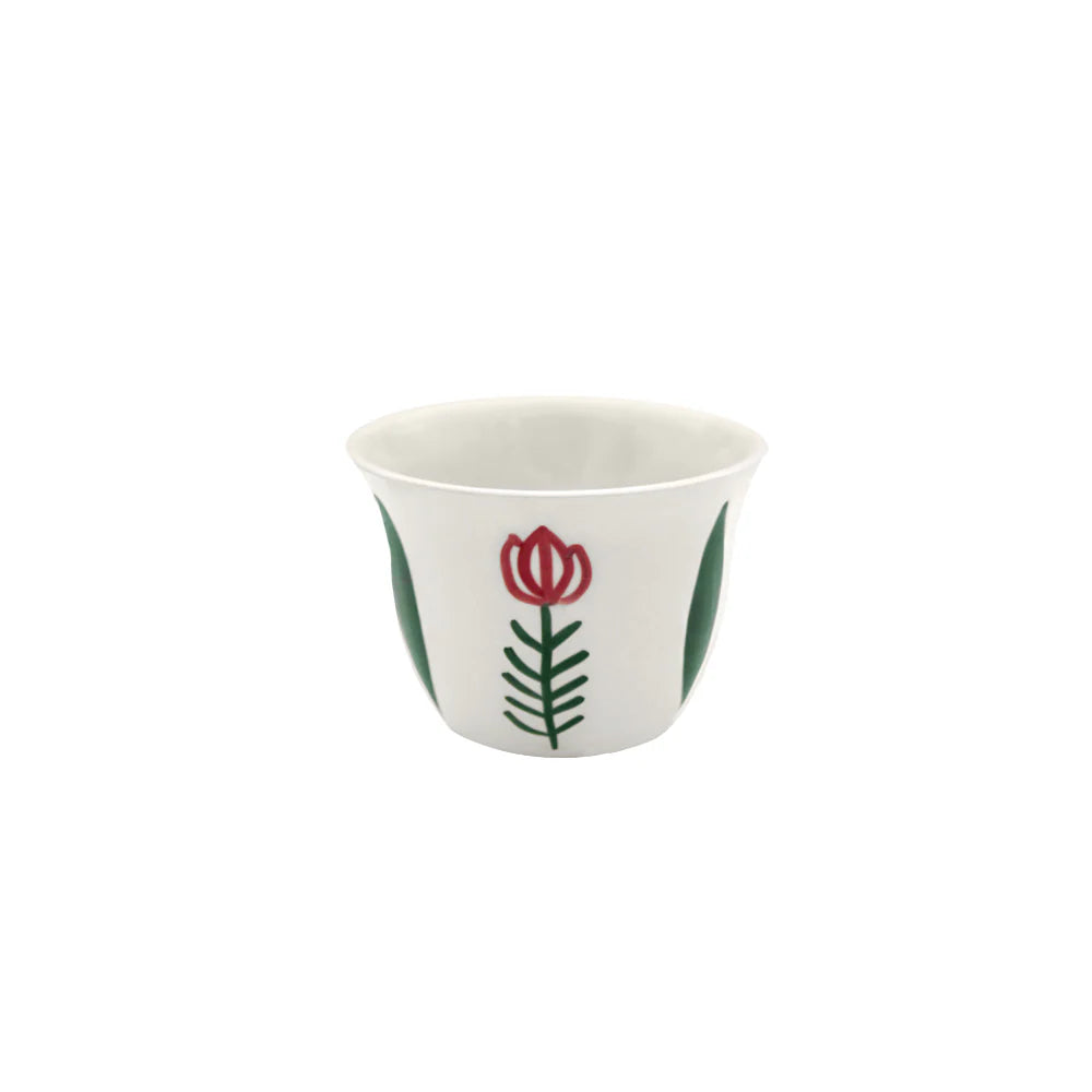 Handmade ceramic tea cup with green tulip inspired Lebanese artisan design