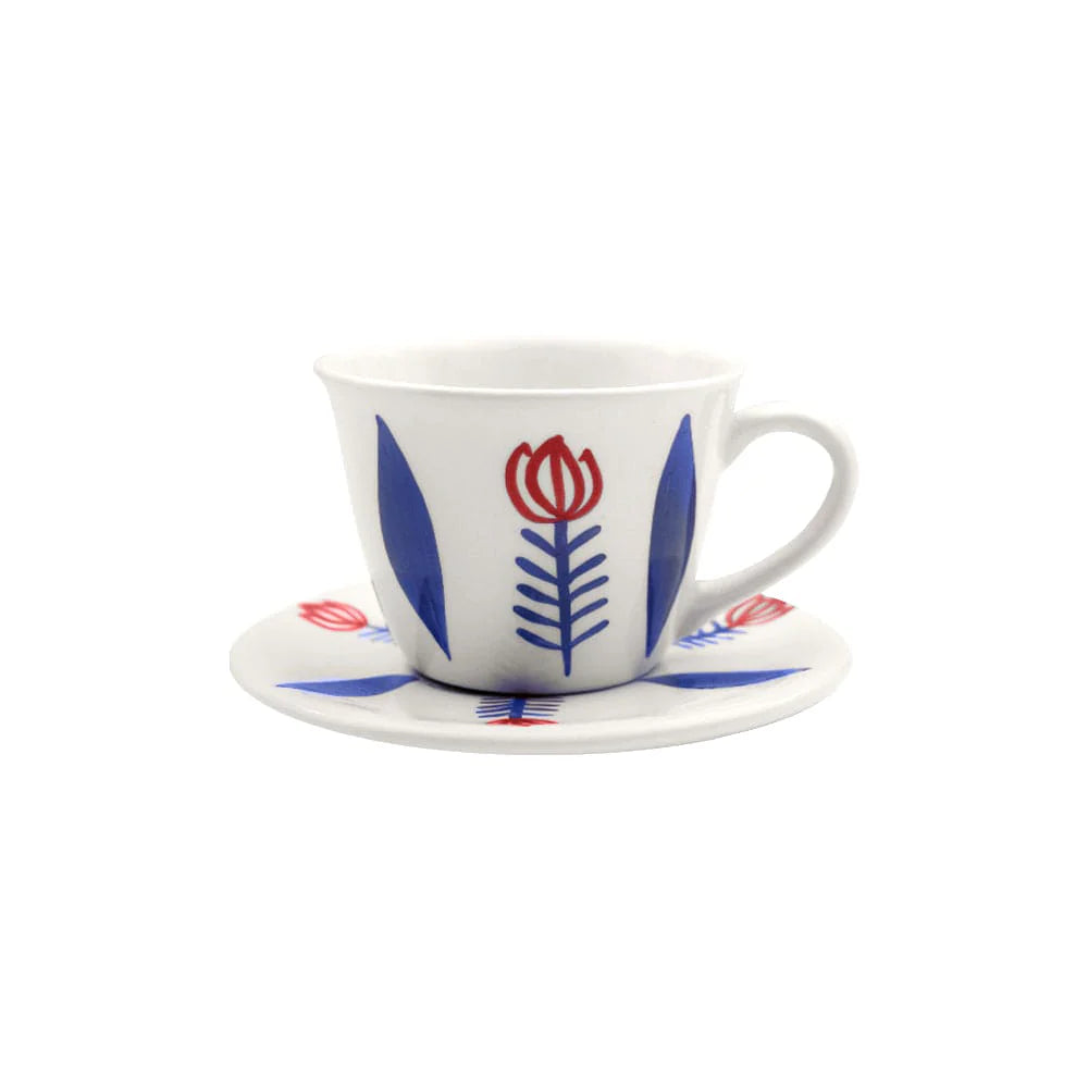 Handmade blue ceramic tea cup with matching plate inspired by Lebanese artisan design