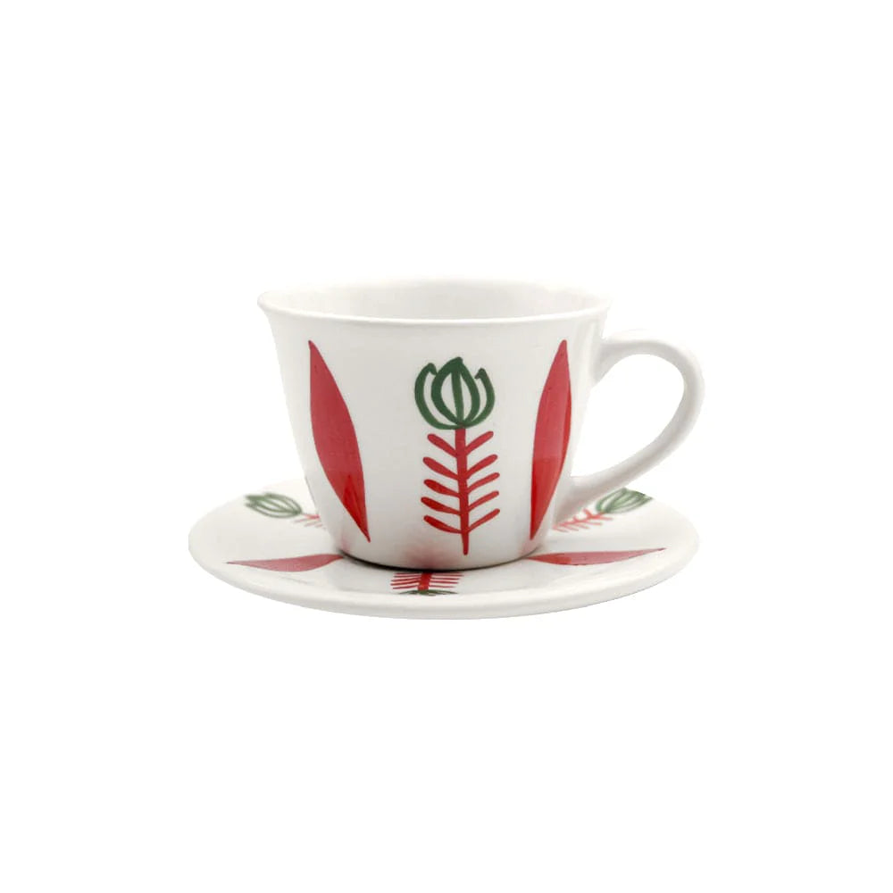 Handmade red ceramic tea cup with matching plate inspired by Lebanese artisan design