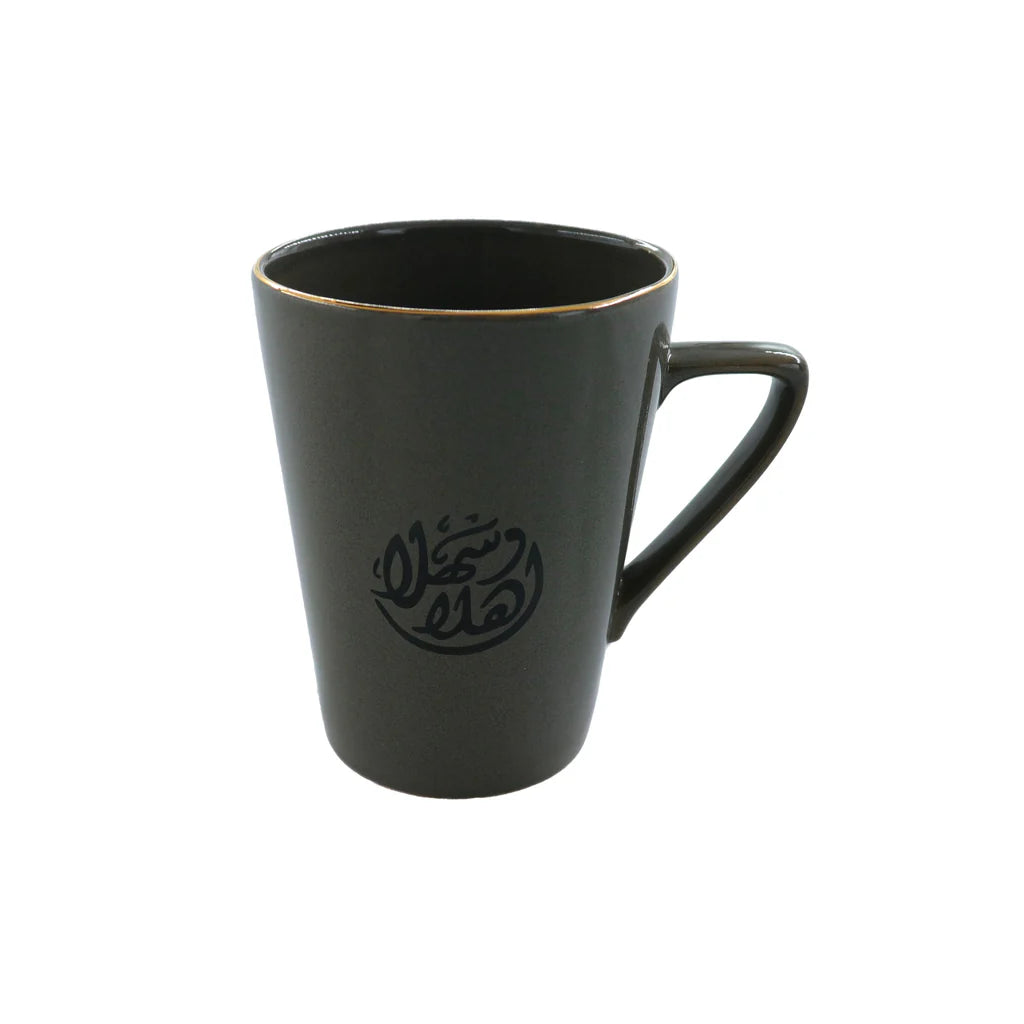 Grey porcelain mug featuring Ahlan Wa Sahlan Arabic typography with elegant minimalist design