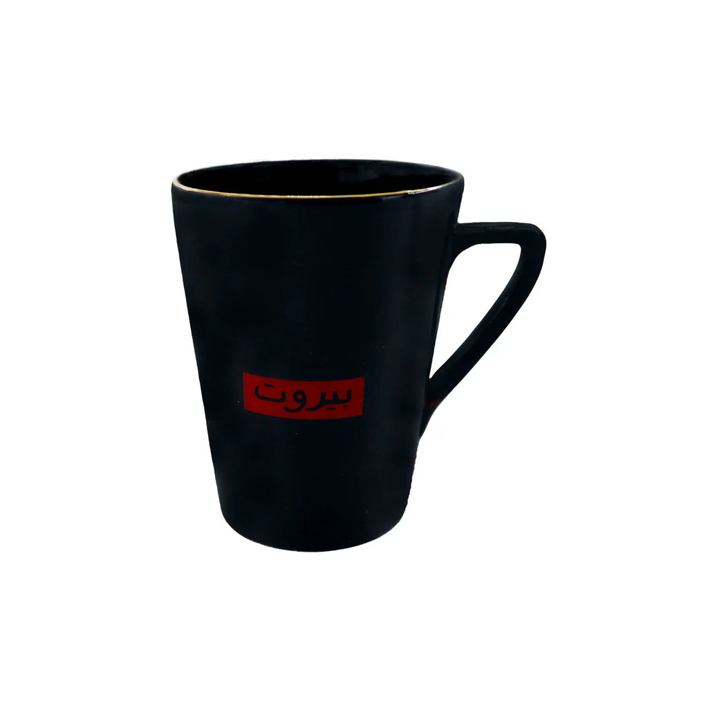 Black porcelain mug with red Beirut typography and modern minimalist design
