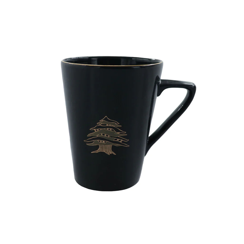 Black porcelain mug featuring Cedar of Lebanon artwork with elegant gold detailing