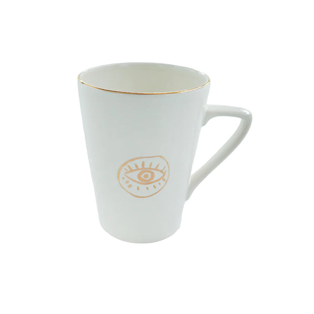 Golden Evil Eye porcelain mug with elegant minimalist nazar symbol and gold detailing