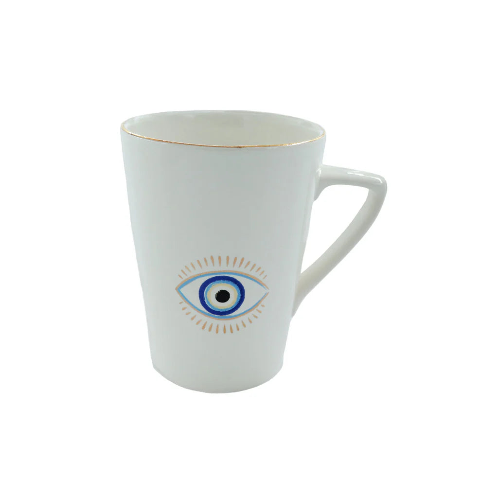 White Evil Eye porcelain mug with blue nazar symbol and elegant gold detailing