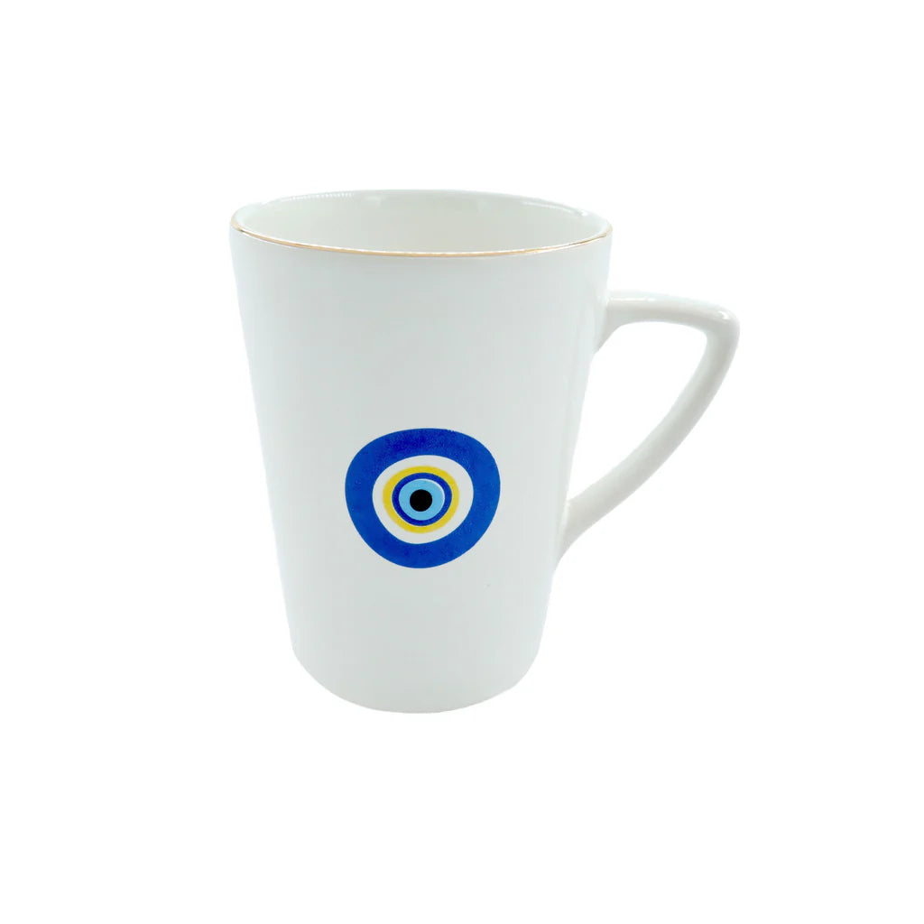 White porcelain mug featuring blue Greek eye nazar symbol with elegant minimalist design