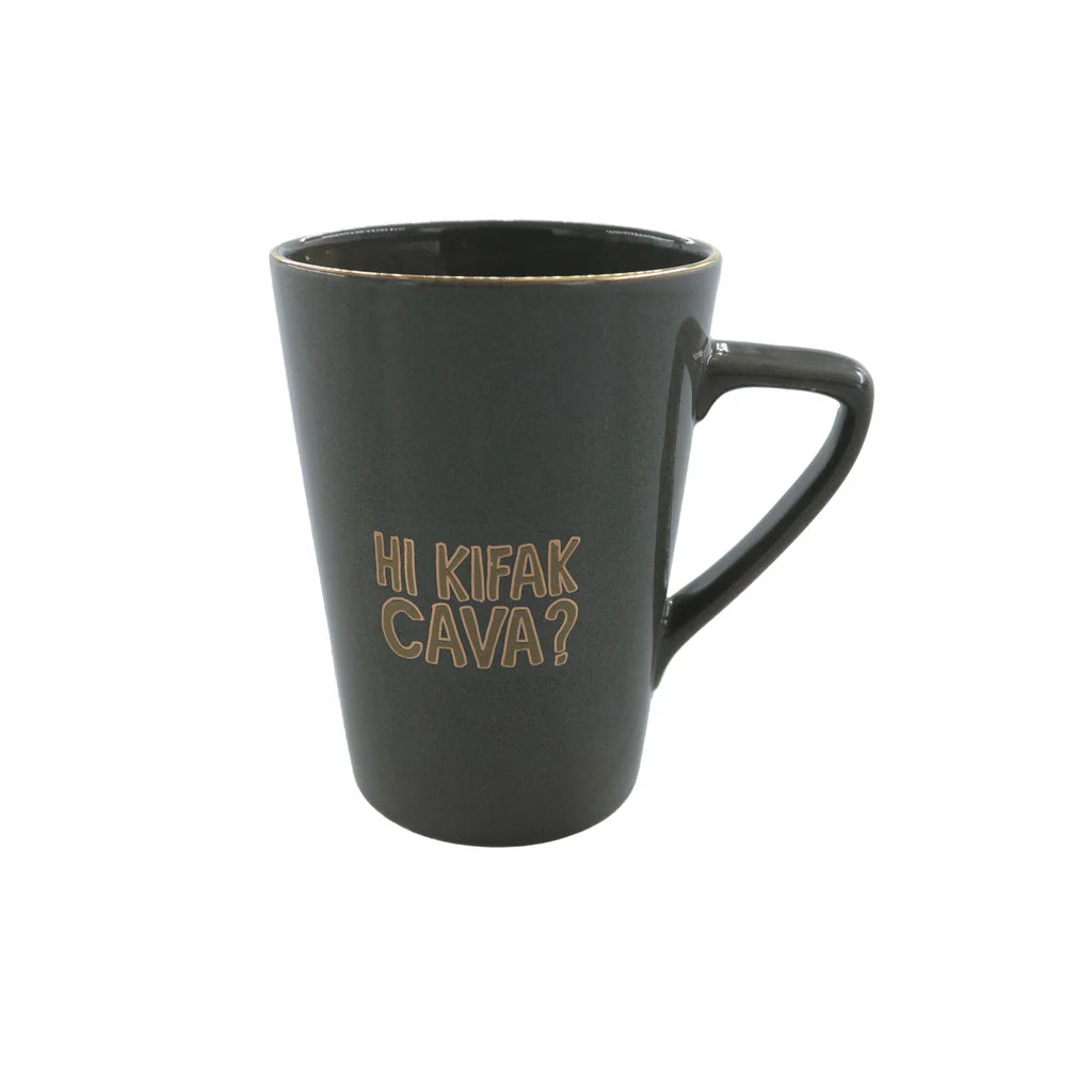 Black porcelain mug with Hi Kifak Cava typography and elegant modern design