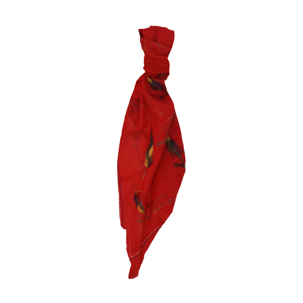 Red wool scarf with leaf pattern by Mouftah El Chark, bold and elegant winter accessory at Idole Lebanon