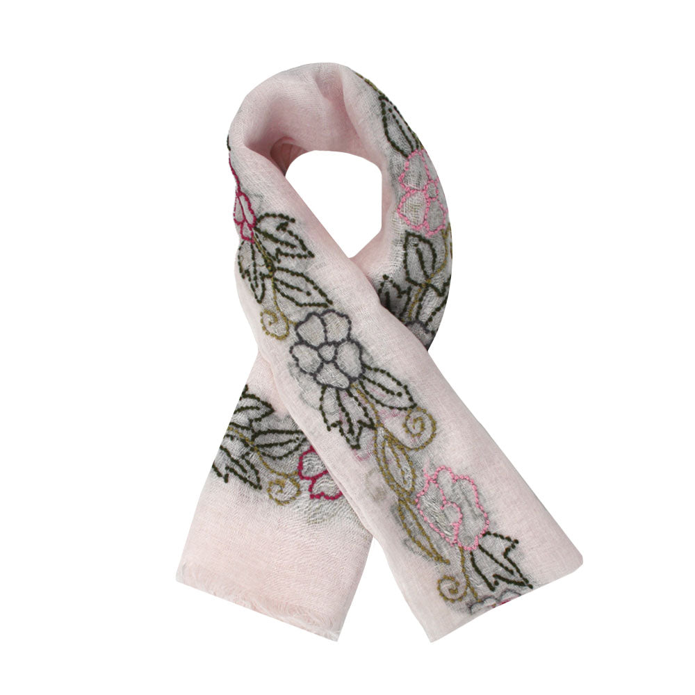 Light linen scarf with floral design by Mouftah El Chark, elegant summer accessory at Idole Lebanon