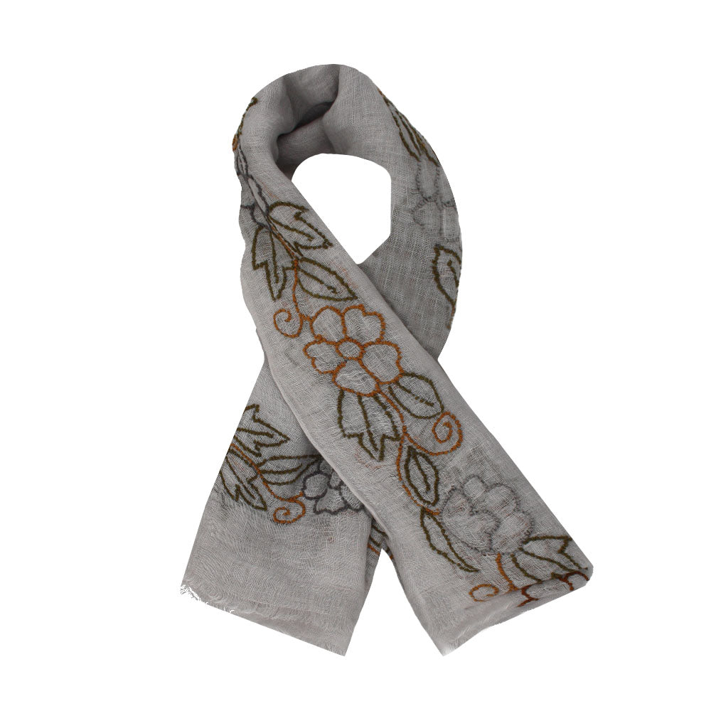 Grey linen scarf with floral pattern by Mouftah El Chark, lightweight elegant accessory at Idole Lebanon