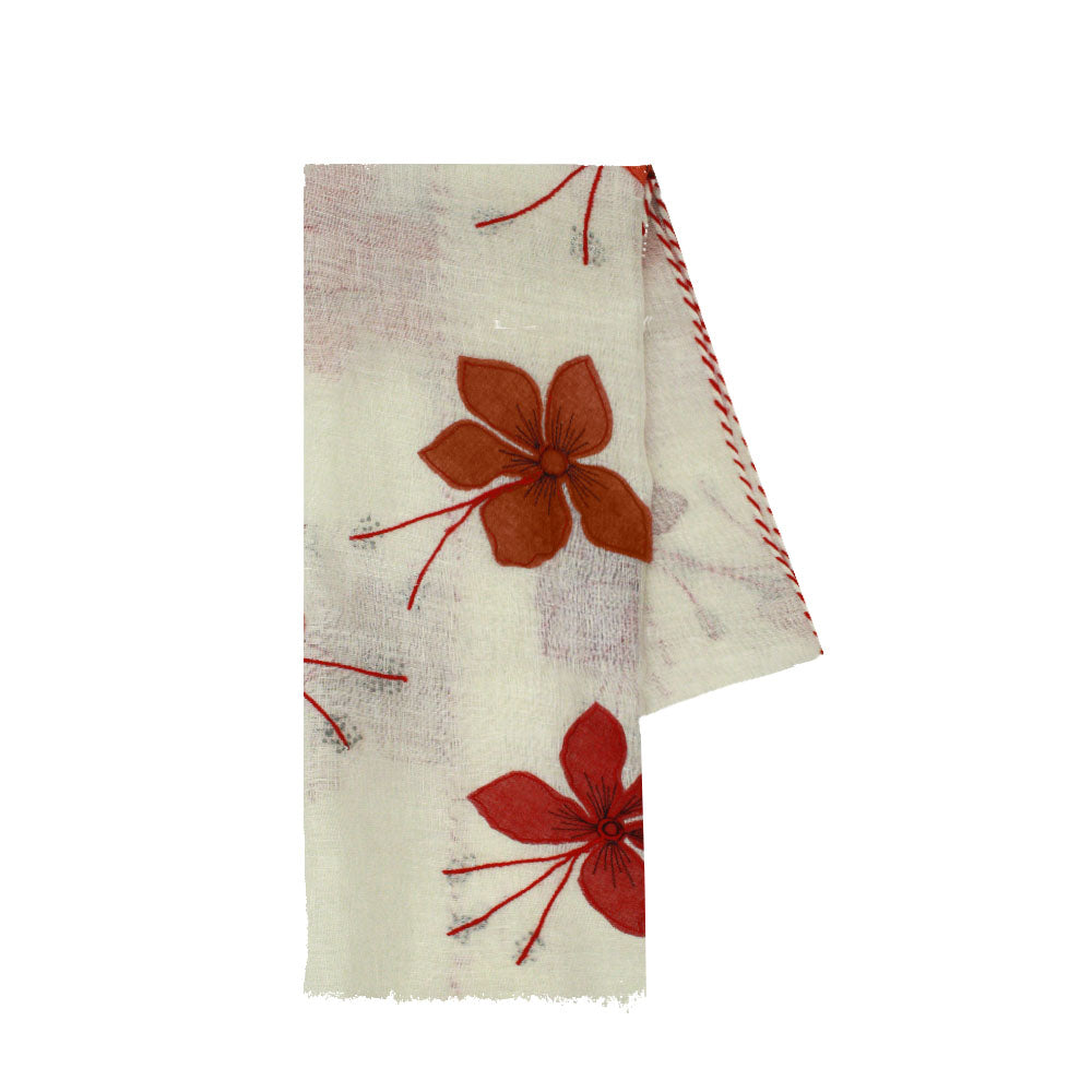 White linen scarf with red floral design by Mouftah El Chark, lightweight elegant summer accessory at Idole Lebanon