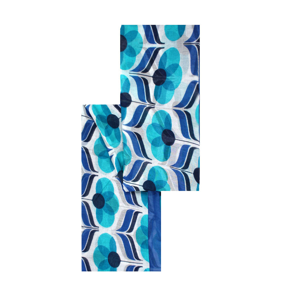 Blue cotton scarf with modern bloom pattern by Mouftah El Chark, lightweight vibrant accessory at Idole Lebanon