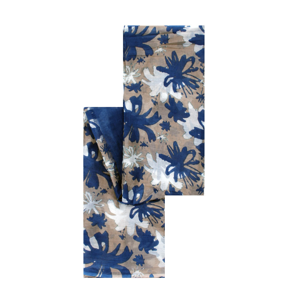 Beige and blue cotton scarf with floral pattern by Mouftah El Chark, lightweight everyday accessory at Idole Lebanon