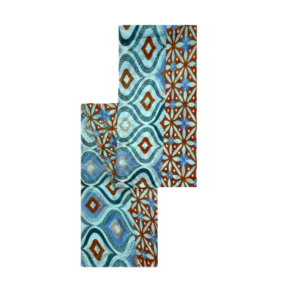 Blue cotton scarf with Moucharabieh geometric pattern by Mouftah El Chark, cultural lightweight accessory at Idole Lebanon