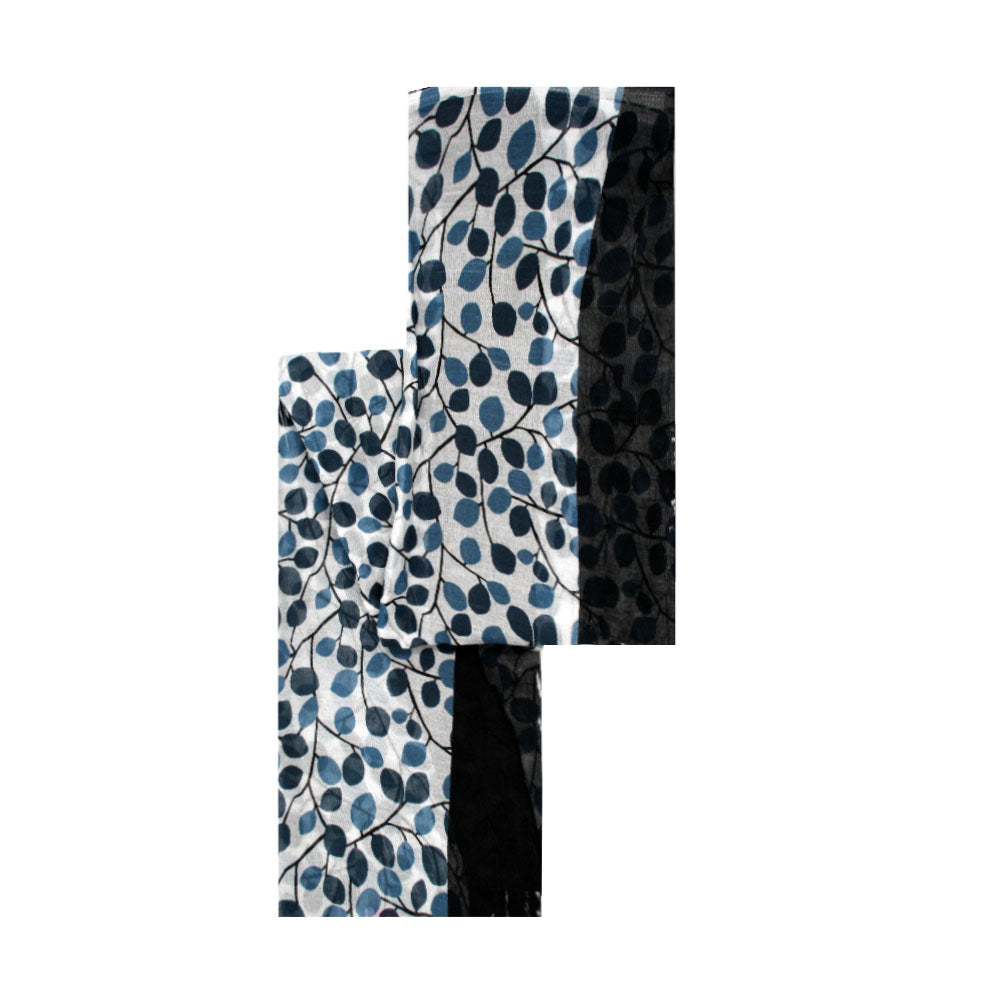 Black and blue cotton scarf with leaves pattern by Idole Lebanon, lightweight elegant fashion accessory