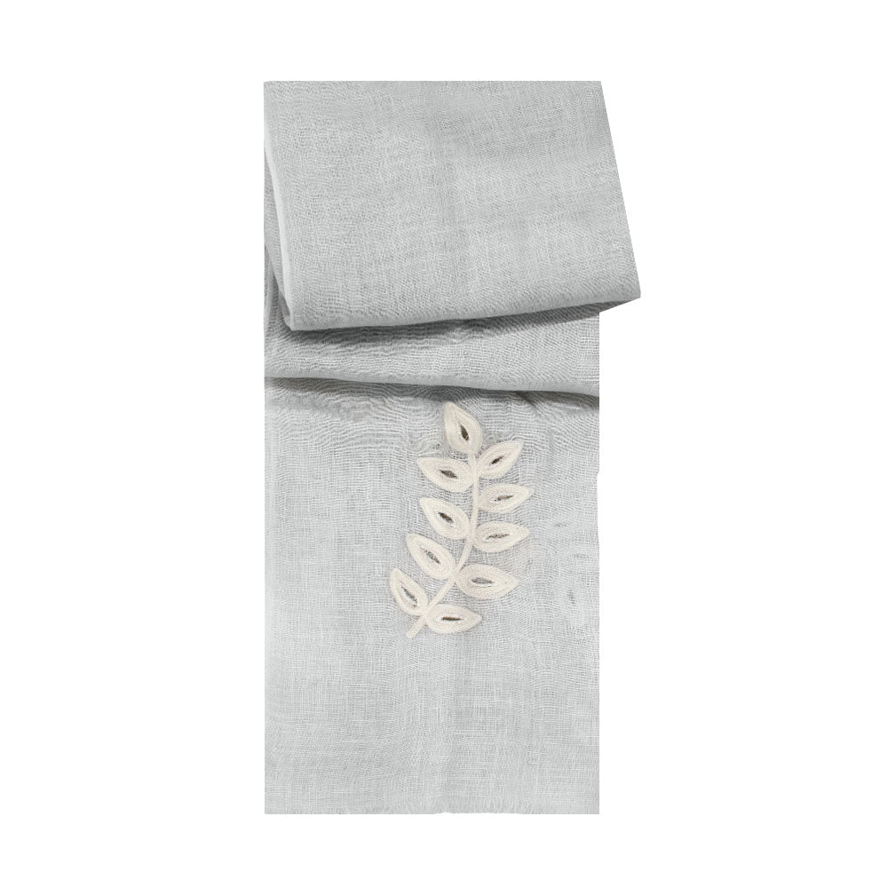 Grey linen scarf with white leaf detail by Mouftah El Chark, minimalist elegant summer accessory at Idole Lebanon