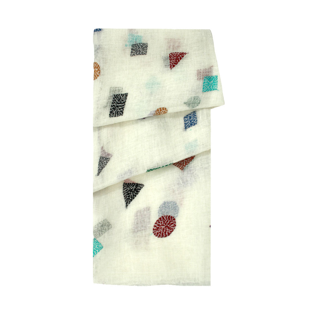 White linen scarf with geometric shapes pattern by Mouftah El Chark, lightweight modern summer accessory at Idole Lebanon
