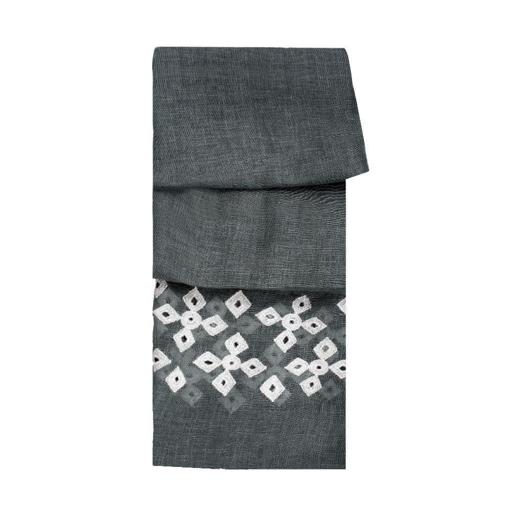 Grey linen scarf with white diamond pattern by Mouftah El Chark, elegant geometric summer accessory at Idole Lebanon
