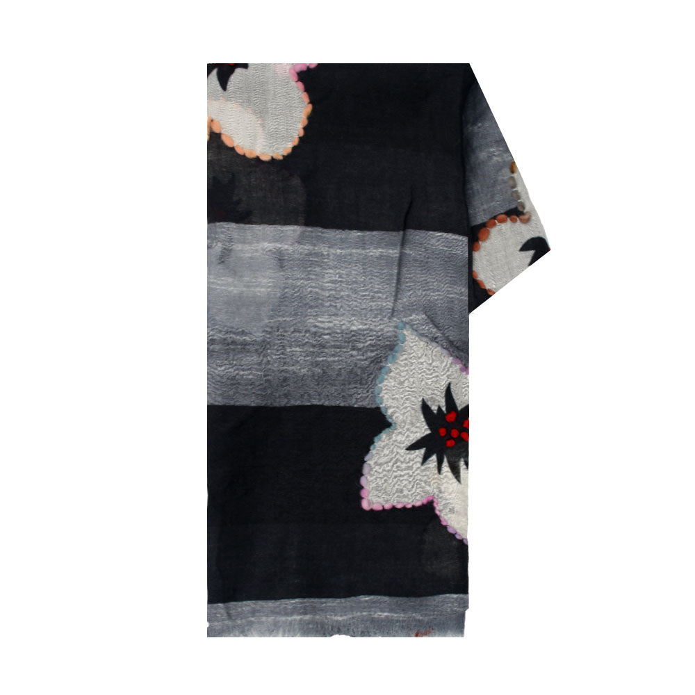 Black wool scarf with large floral pattern by Mouftah El Chark, bold elegant winter accessory at Idole Lebanon