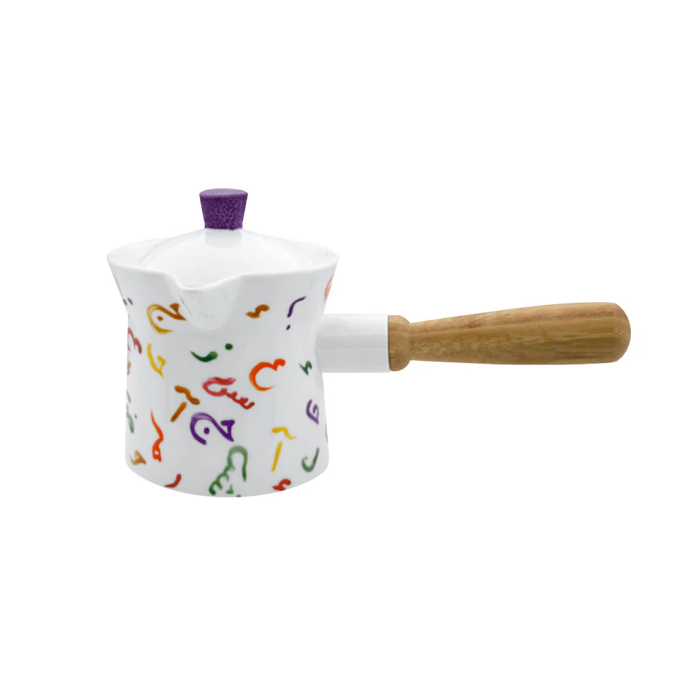 Handmade Arabic Letters ceramic coffee pot with colorful Arabic calligraphy crafted in Lebanon