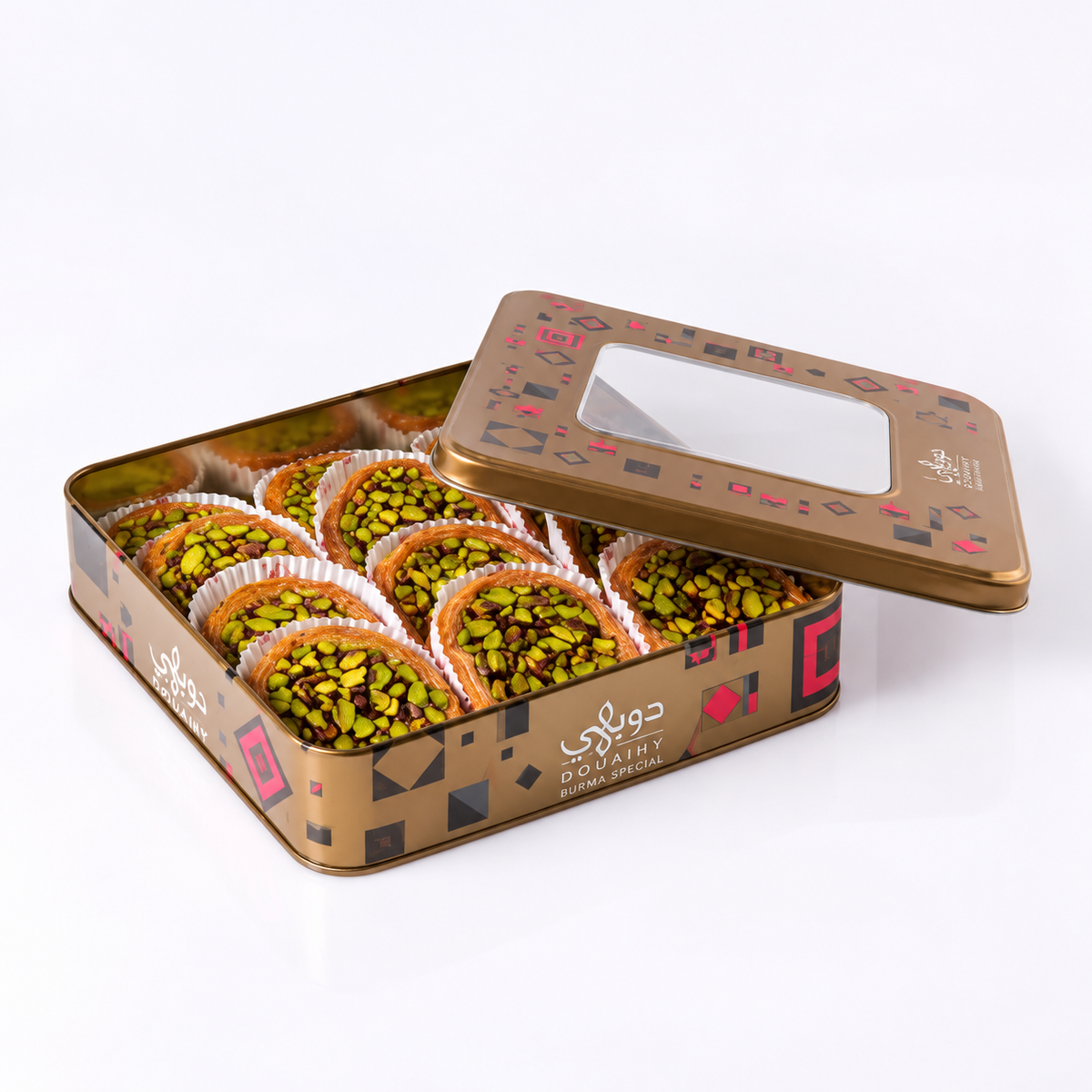 Douaihy Burma Special ~ 12pcs. Pistachio-filled Burma pastries in a gold windowed tin.