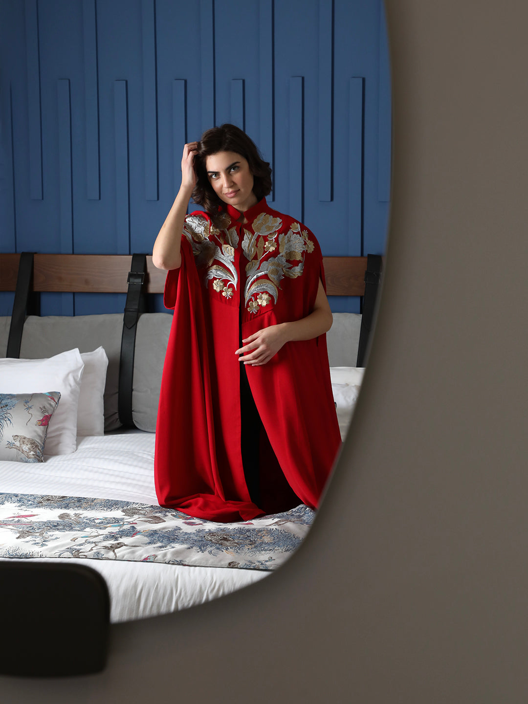 Red abaya with embroidered design by Mouftah El Chark, bold elegant modest wear for women at Idole Lebanon