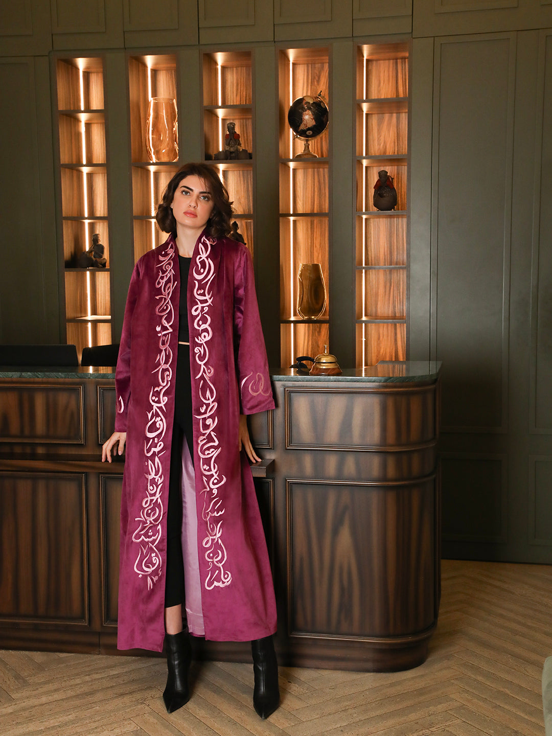 Velvet embroidered abaya by Mouftah El Chark in rich tone, elegant modest wear for women at Idole Lebanon