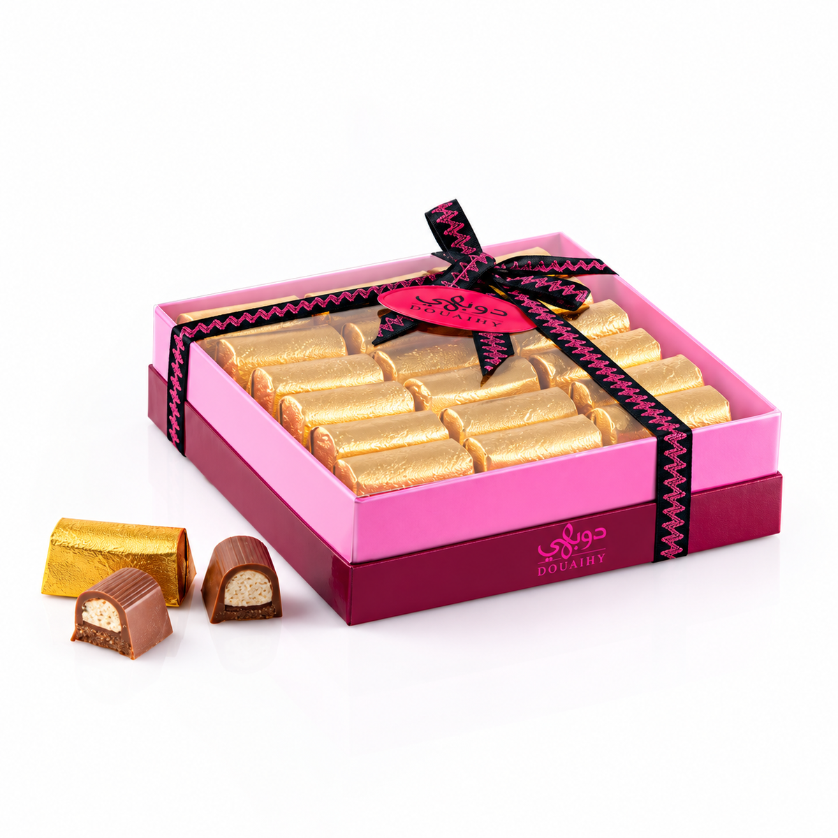 Douaihy Baklava Chocolate ~ 20pcs. Gold-wrapped chocolate baklava in a pink ribbon gift box.